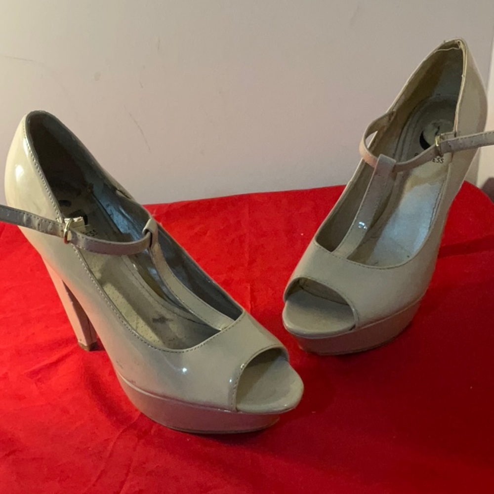 G By Guess Tan Platform Patent Leather Open Toe Shoe - Size 8